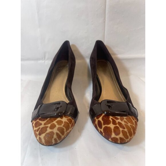 Alex Marie Brown suede Wedges Womens Size 7.5 M animal print buckle accent - Picture 1 of 15